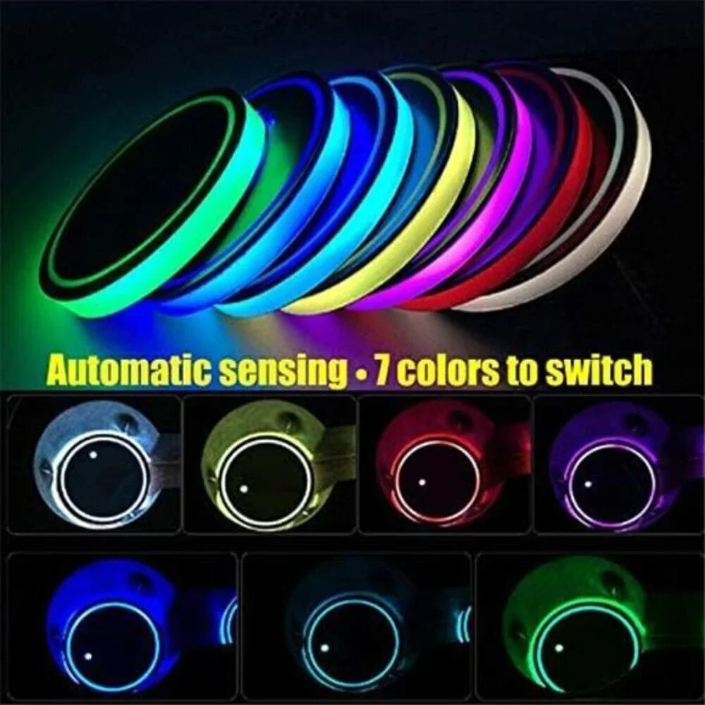 LED Light Car Cup Coasters 2-Pack Cup Holder Anti Slip Rubber Vehicle 7 Colors